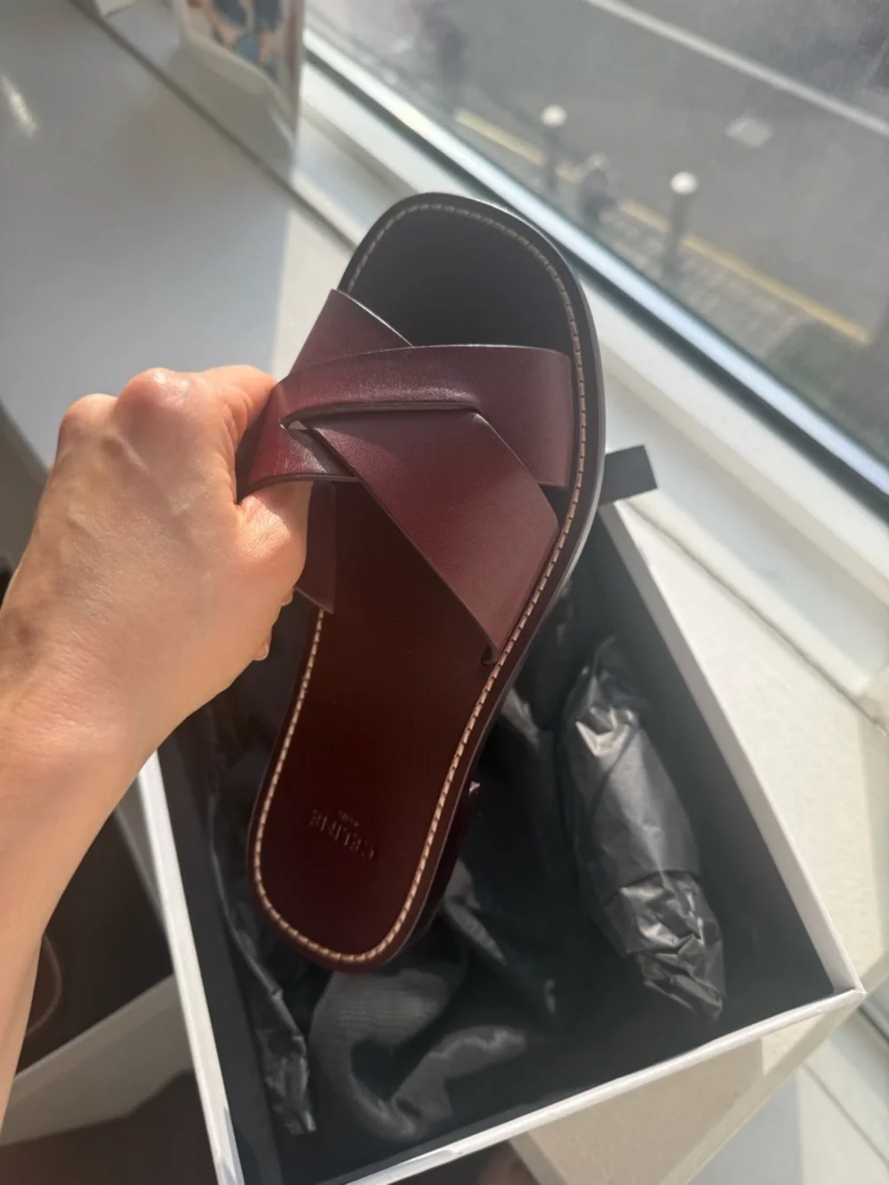 Celine Burgundy Leather Cross-Strap Slides - Picture 3 of 9